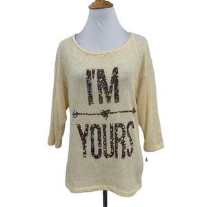 Stranded I'm Yours Semi Sheer Blouse Womens L Large Beige 3/4 Sleeves Knit Top
